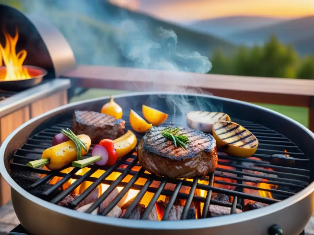 Una parrilla cargada de carnes y verduras asadas en una escena de barbacoa con parrillas brillantes y humo, Verdades y mentiras parrillas asado