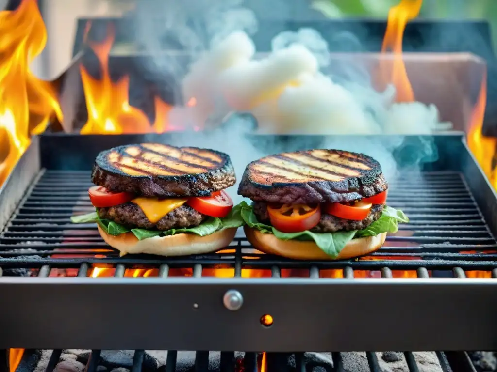 Una parrilla cargada de hamburguesas vegetales coloridas en un asado uruguayo