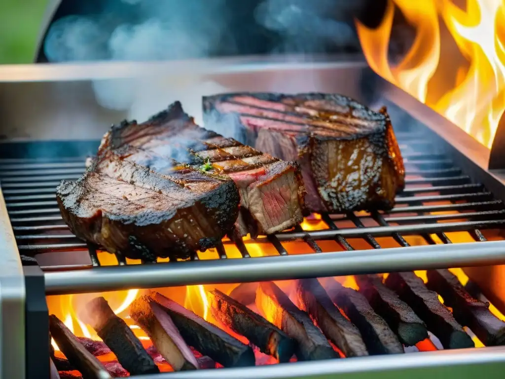 Una parrilla cargada de los mejores cortes exóticos para parrilladas, cada uno perfectamente sellado y emitiendo delicioso humo