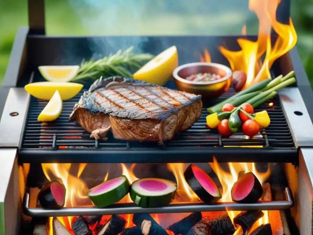 Una parrilla de carne exótica consejos deliciosa con carnes jugosas y verduras coloridas en un entorno de jardín tranquilo