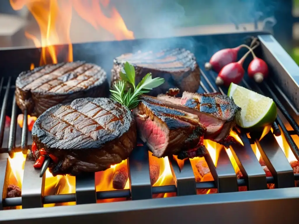 Deléitate con una parrilla de carne exótica con vibrantes colores y sabrosas marcas, rodeada de hierbas frescas y humo sutil