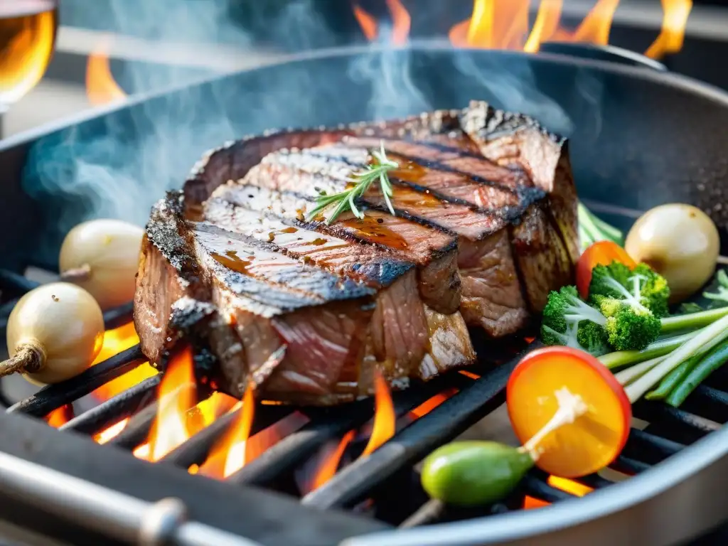 Una parrilla chispeante con carne jugosa y verduras coloridas asadas, rodeada de hierbas frescas