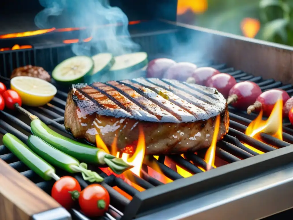 Una parrilla chispeante con una variedad de carnes y vegetales frescos bajo un cielo azul