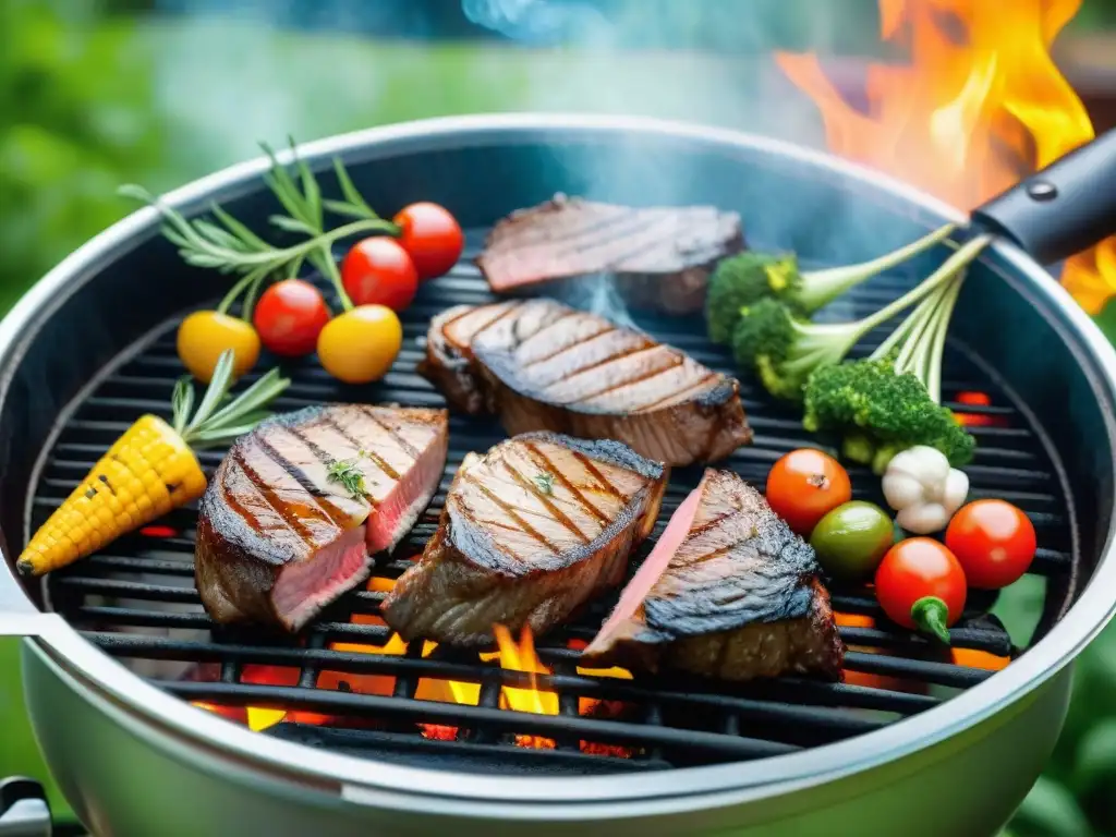 Parrilla de cortes exóticos en jardín soleado con hierbas aromáticas