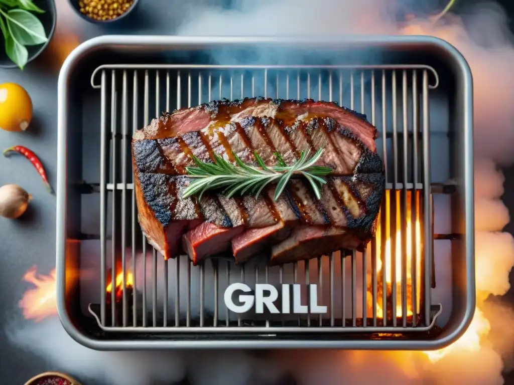 Una parrilla con cortes inusuales de carne cocinándose a la perfección, rodeada de hierbas y especias vibrantes