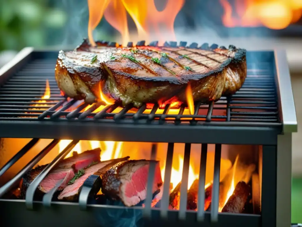 Una parrilla con cortes premium perfectamente dorados, rodeada de hierbas y especias, en un ambiente de barbacoa perfecta