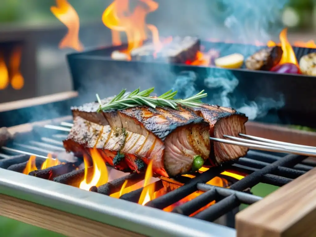 Una parrilla creativa llena de recetas asado gourmet, con carnes y verduras perfectamente cocidas y coloridas llamas danzantes