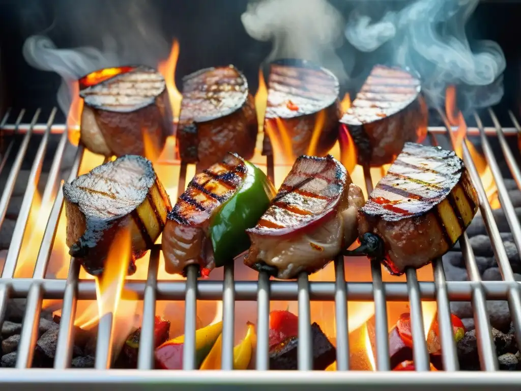 Una parrilla creativa con recetas de asado gourmet, carnes y vegetales coloridos cocinando a la perfección