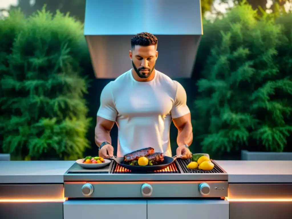 Parrilla de diseño futurista con tecnología avanzada en cocina gourmet al aire libre