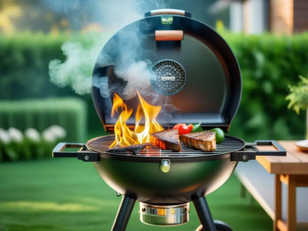 Una parrilla ecofriendly de alta gama brilla bajo el sol en un jardín verde, donde amigos disfrutan de una comida