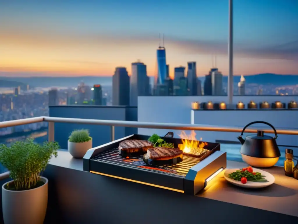 Una parrilla eléctrica compacta y elegante en un balcón moderno con vistas a la ciudad