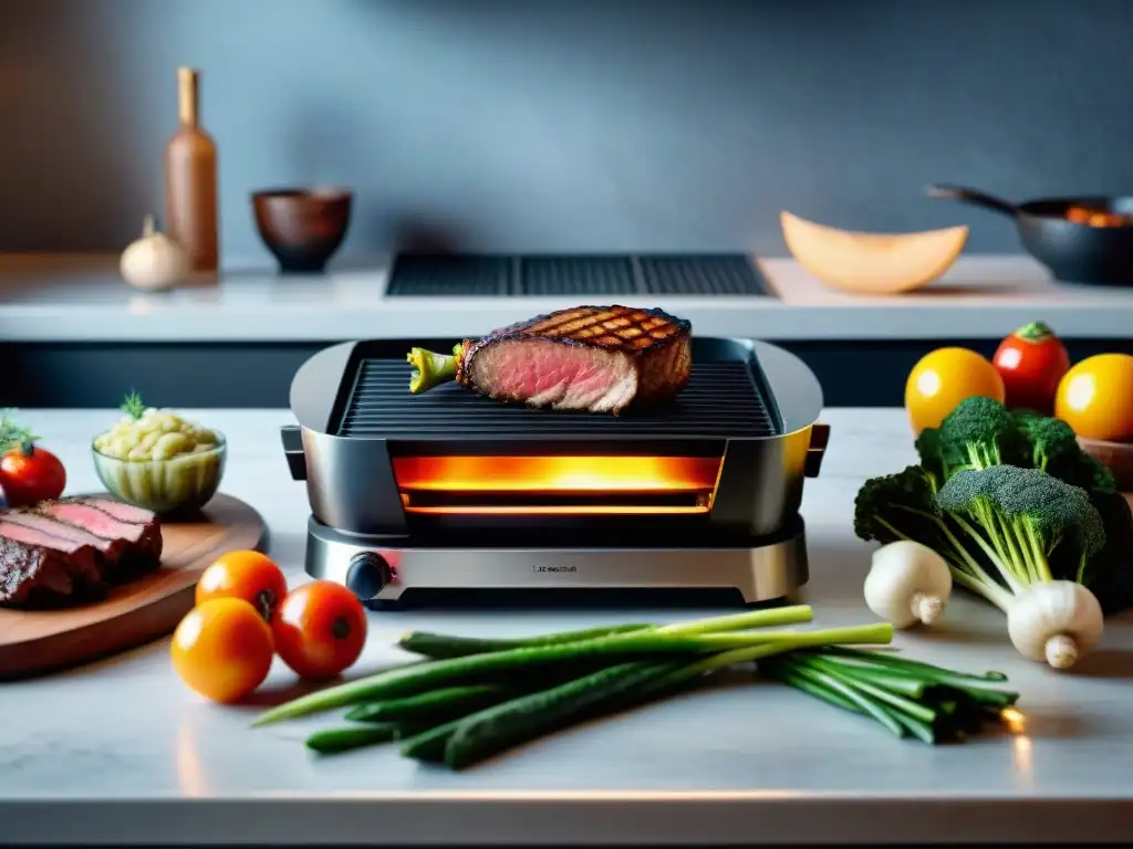 Parrilla eléctrica de lujo en cocina elegante, cocinando alimentos variados con iluminación cálida