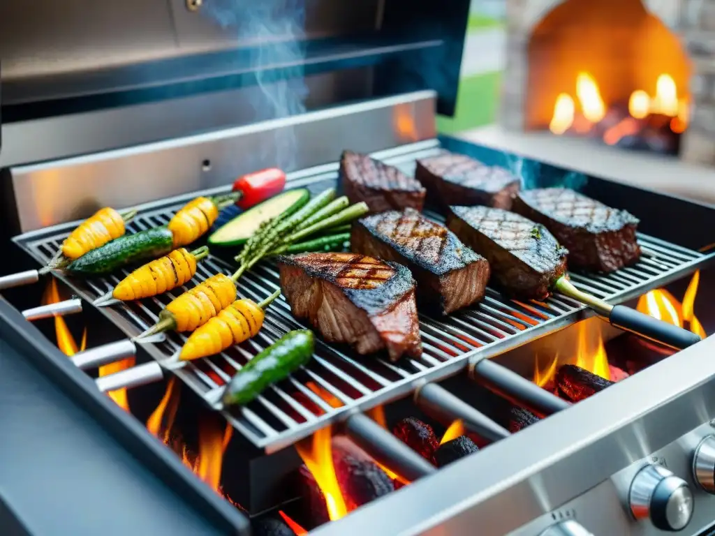 Una parrilla eléctrica moderna con asado uruguayo, chimichurri y vegetales asados en un patio acogedor