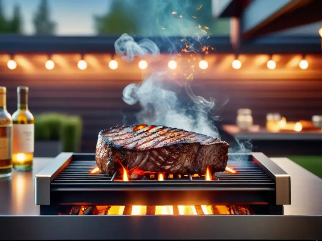 Una parrilla eléctrica moderna asando cortes de carne con humo tentador en un patio contemporáneo con luces, ideal para un consejos asado eléctrico perfecto