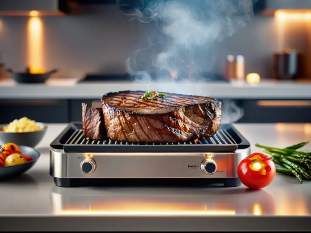 Una parrilla eléctrica moderna en una elegante cocina, asando a la perfección un suculento filete