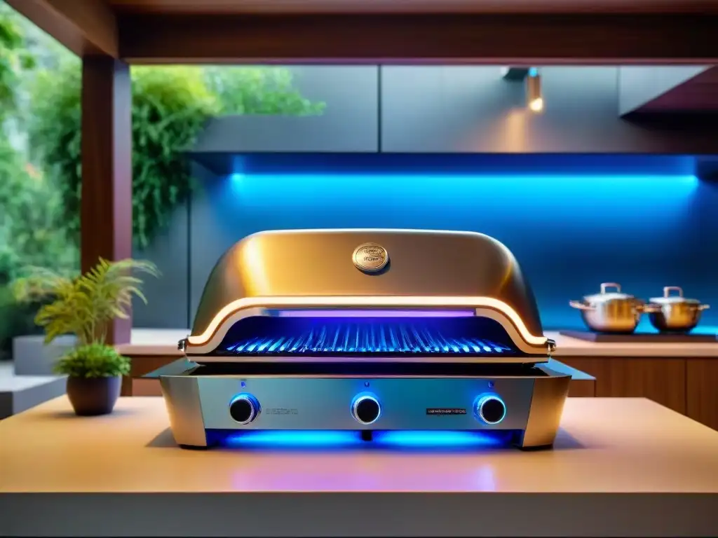 Una parrilla futurista brillante con luces LED azules, tecnologías emergentes en parrillas, en cocina exterior moderna