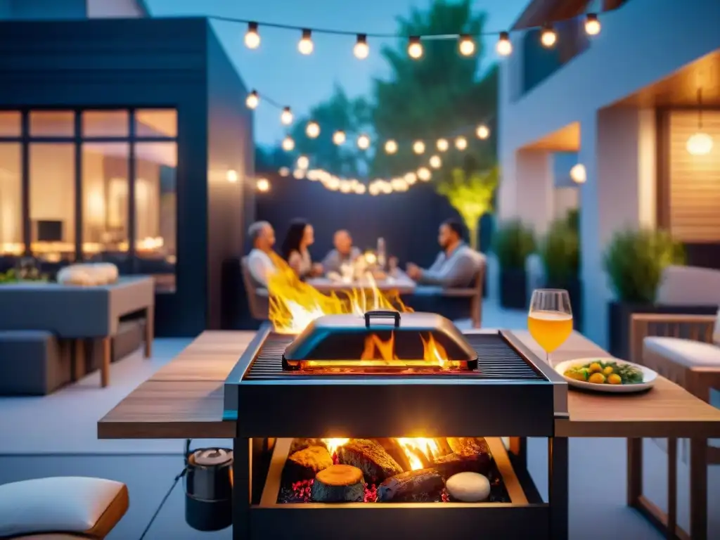 Una parrilla futurista rodeada de platillos gourmet, en un patio moderno iluminado con luces cálidas