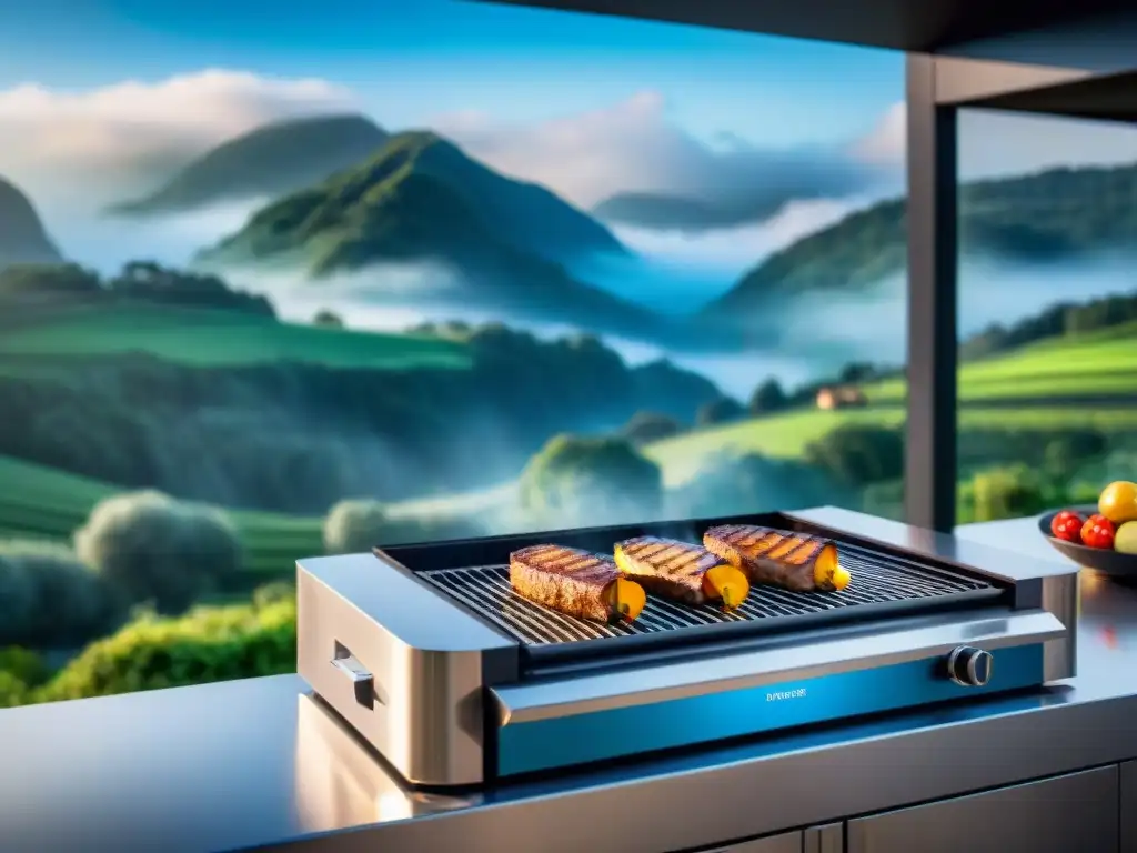 Una parrilla futurista con tecnología avanzada, en una cocina exterior moderna con vista a un paisaje verde