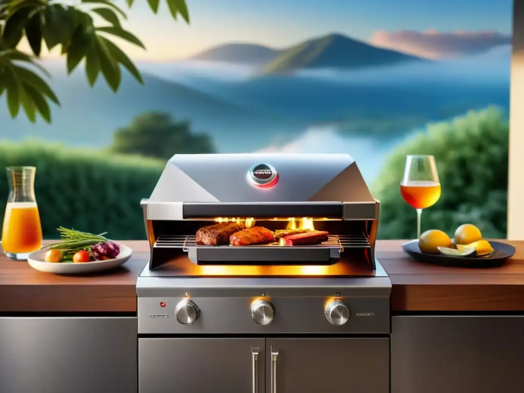 Una parrilla futurista con tecnologías emergentes en parrillas, en una cocina exterior de alta tecnología