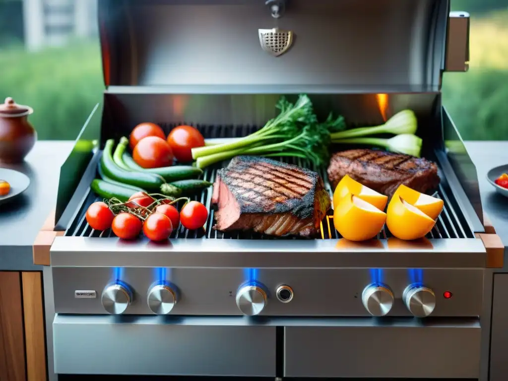 Una parrilla futurista de última generación rodeada de utensilios modernos, cortes premium y verduras frescas