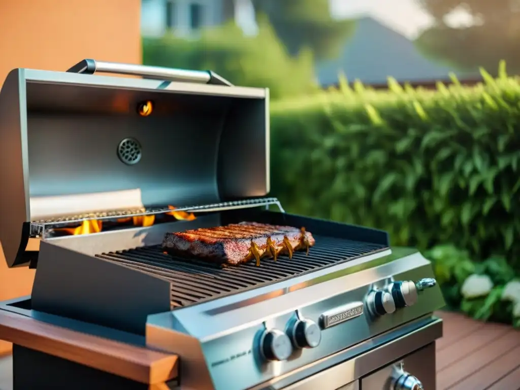 Una parrilla de gas de acero inoxidable en un elegante patio exterior