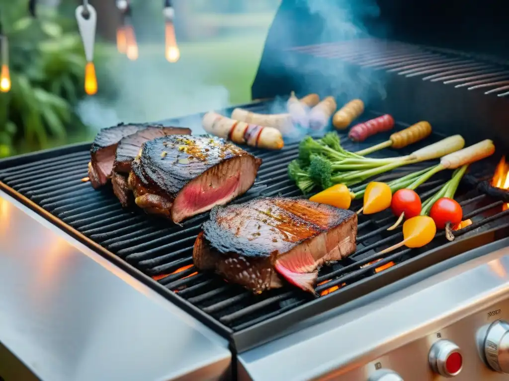 Una parrilla gourmet con carne exótica para asado gourmet en un patio elegante y acogedor