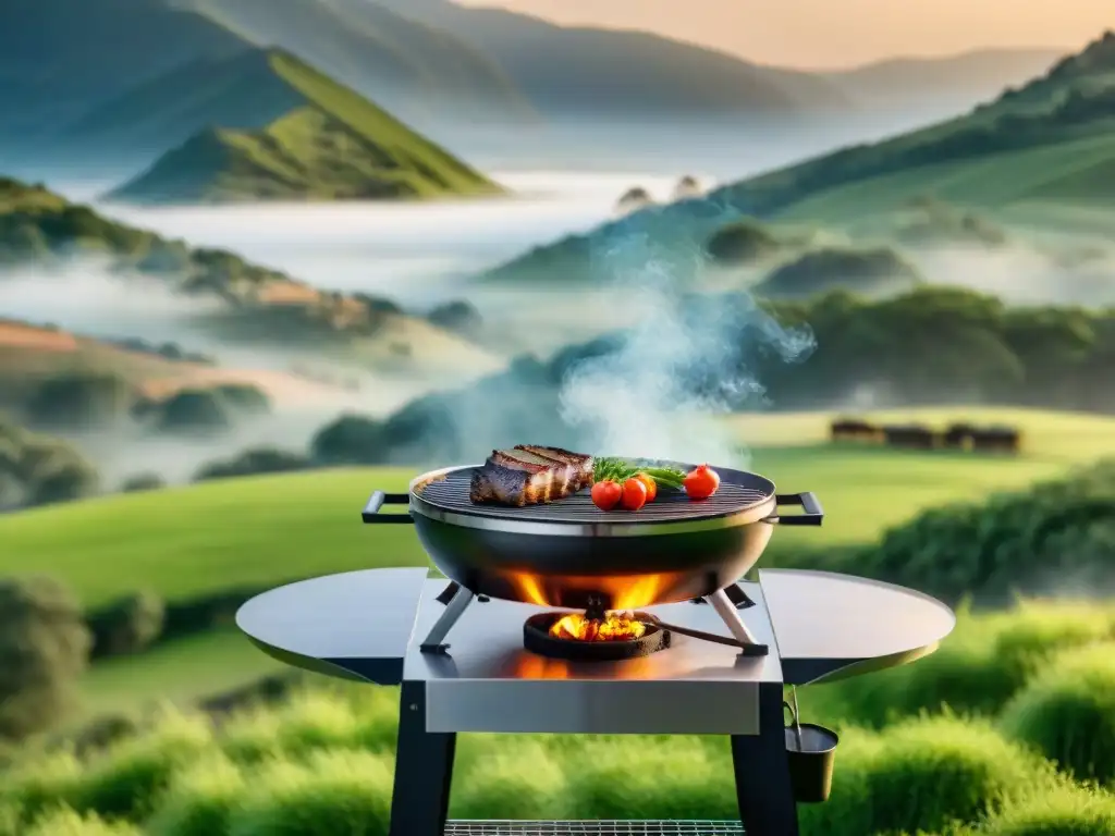 Una parrilla híbrida de lujo resplandece en un asado uruguayo, rodeada de la pintoresca campiña