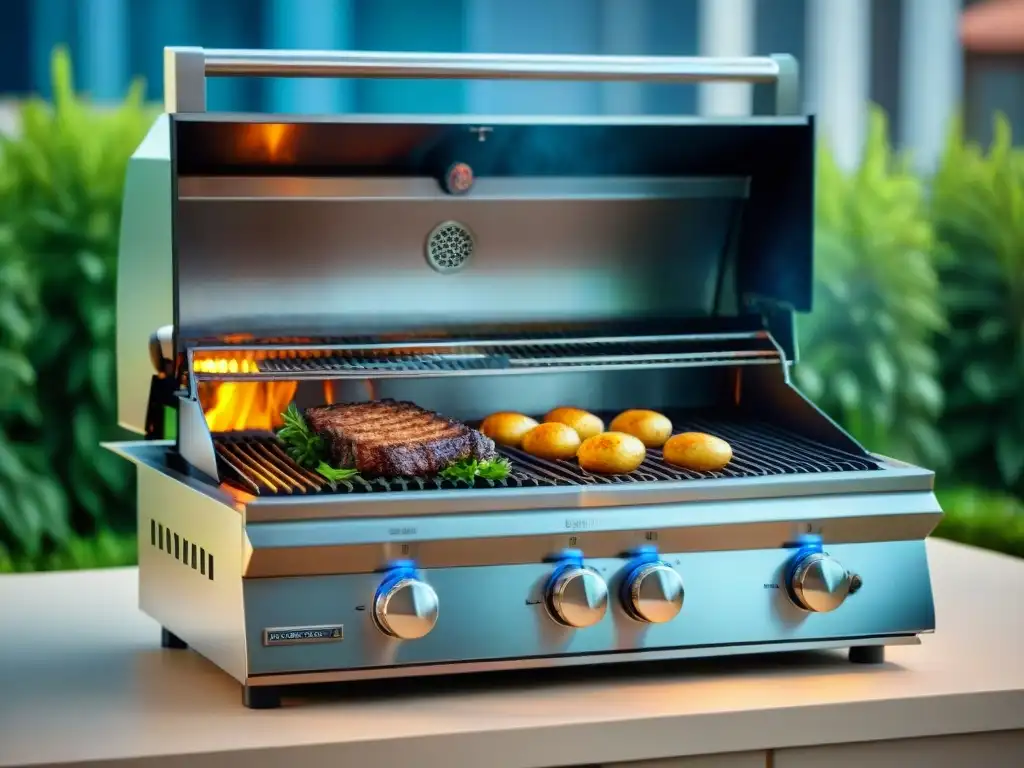 Una parrilla híbrida moderna y elegante en un entorno al aire libre, evocando lujo e innovación en el asado uruguayo