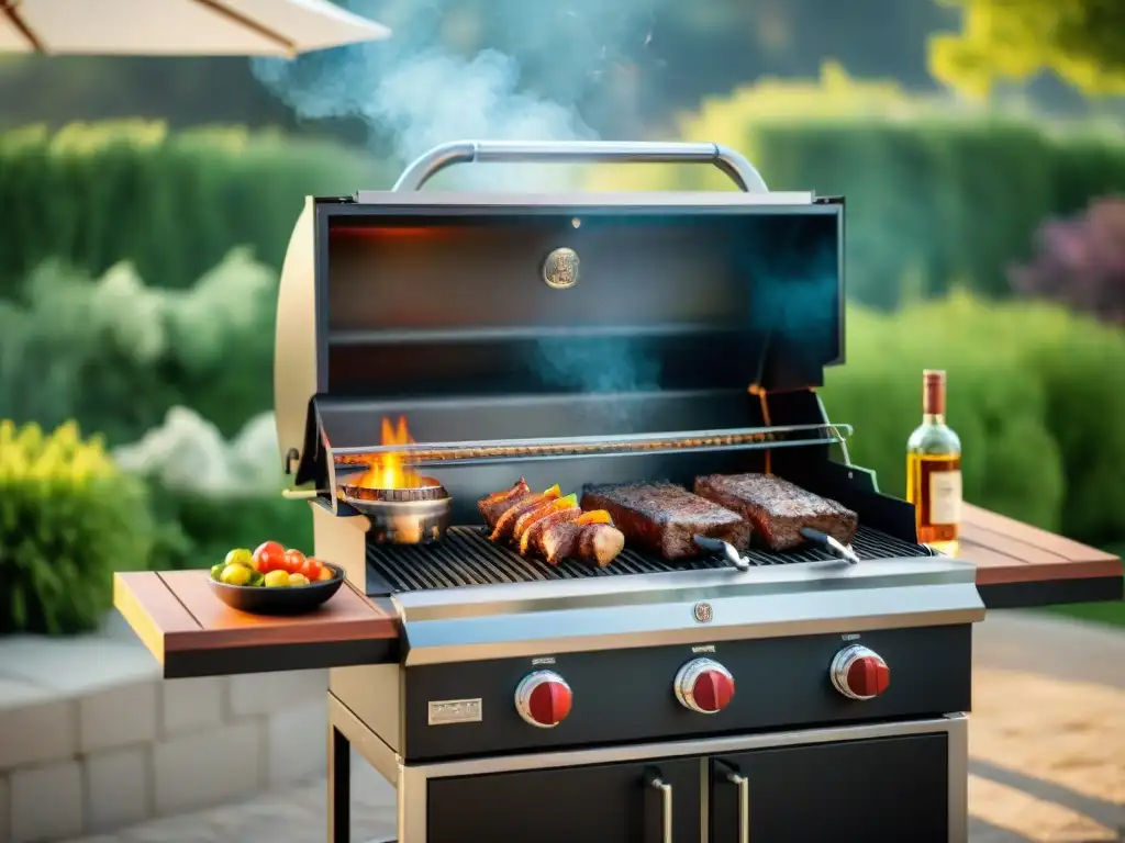 Una parrilla híbrida moderna en un jardín pintoresco, listo para un asado uruguayo