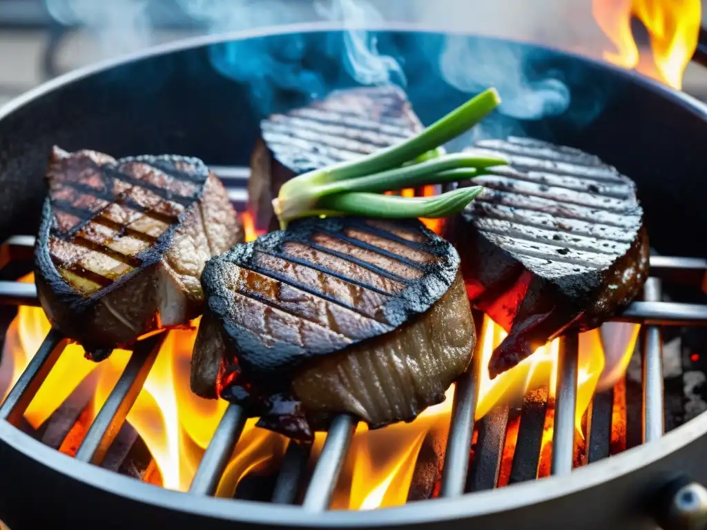 Una parrilla de hierro fundido duradero rodeada de humo y llamas, cocinando suculentas carnes y vegetales con marcas de parrilla perfectas