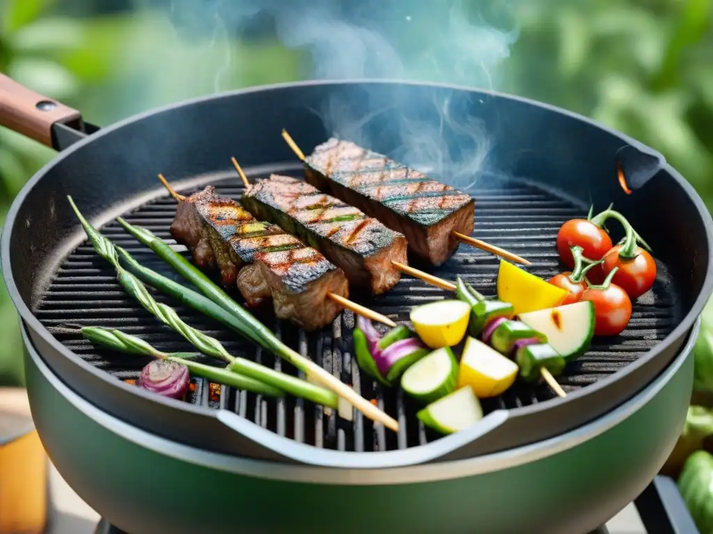 Parrilla de hierro fundido con patrones de sazón, marcas doradas en alimentos a la parrilla, en un entorno verde y soleado, durabilidad