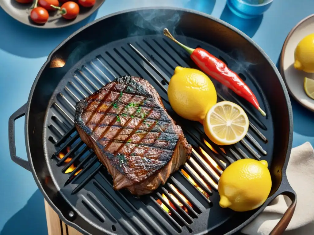 Una parrilla de hierro fundido bien sazonada, asando jugosos filetes y verduras coloridas bajo un cielo azul