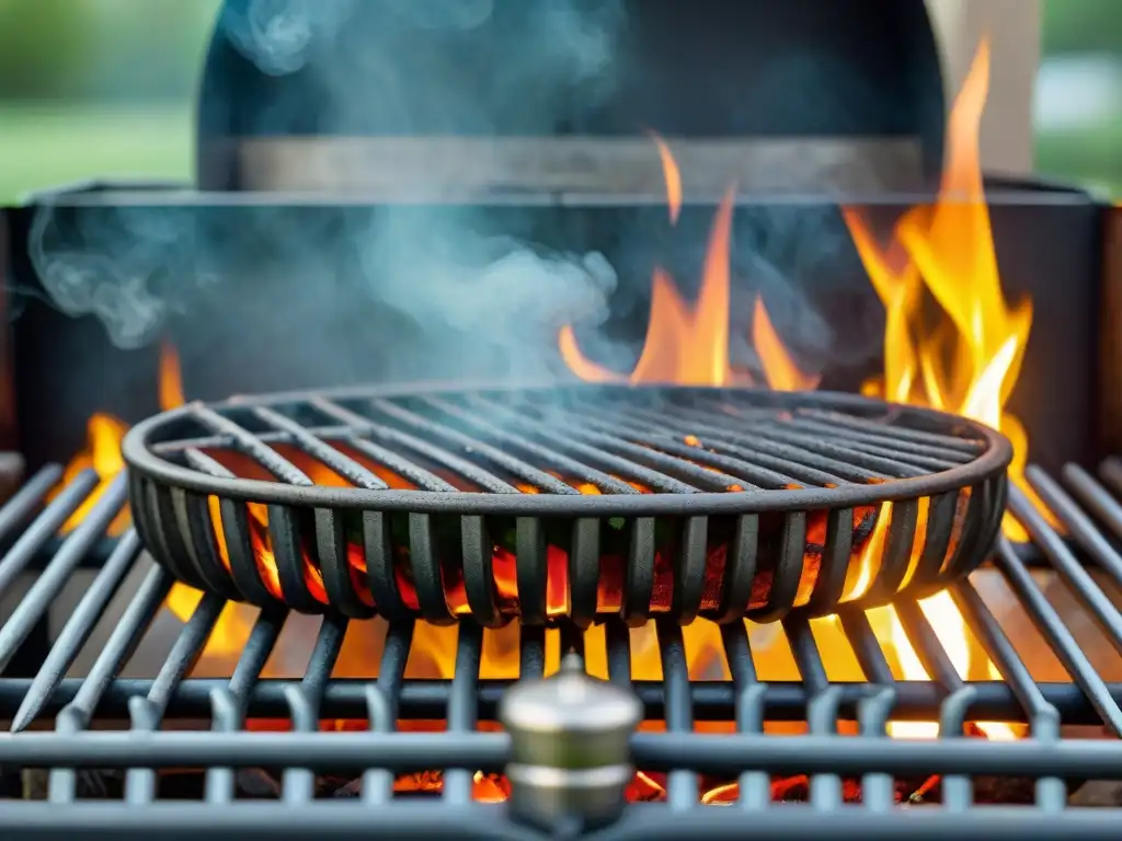 Una parrilla de hierro fundido sazonada, brillante bajo el sol, con patrones de carbón y desgaste natural