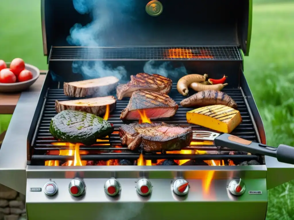 Una parrilla humeante con carnes exóticas como canguro, caimán y avestruz, asándose a la perfección al aire libre