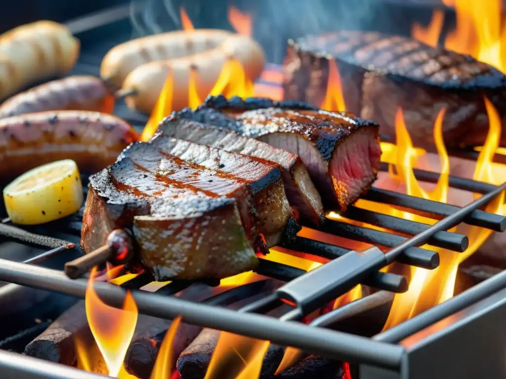 Una parrilla humeante con carnes jugosas, verduras coloridas y hierbas aromáticas