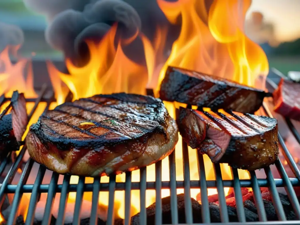 Una parrilla humeante con carnes jugosas y llamas, reflejando las técnicas de asado uruguayo