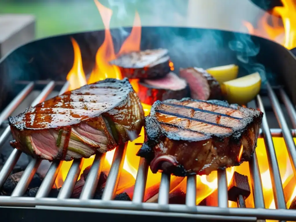 Una parrilla humeante con carnes y vegetales asados a la perfección