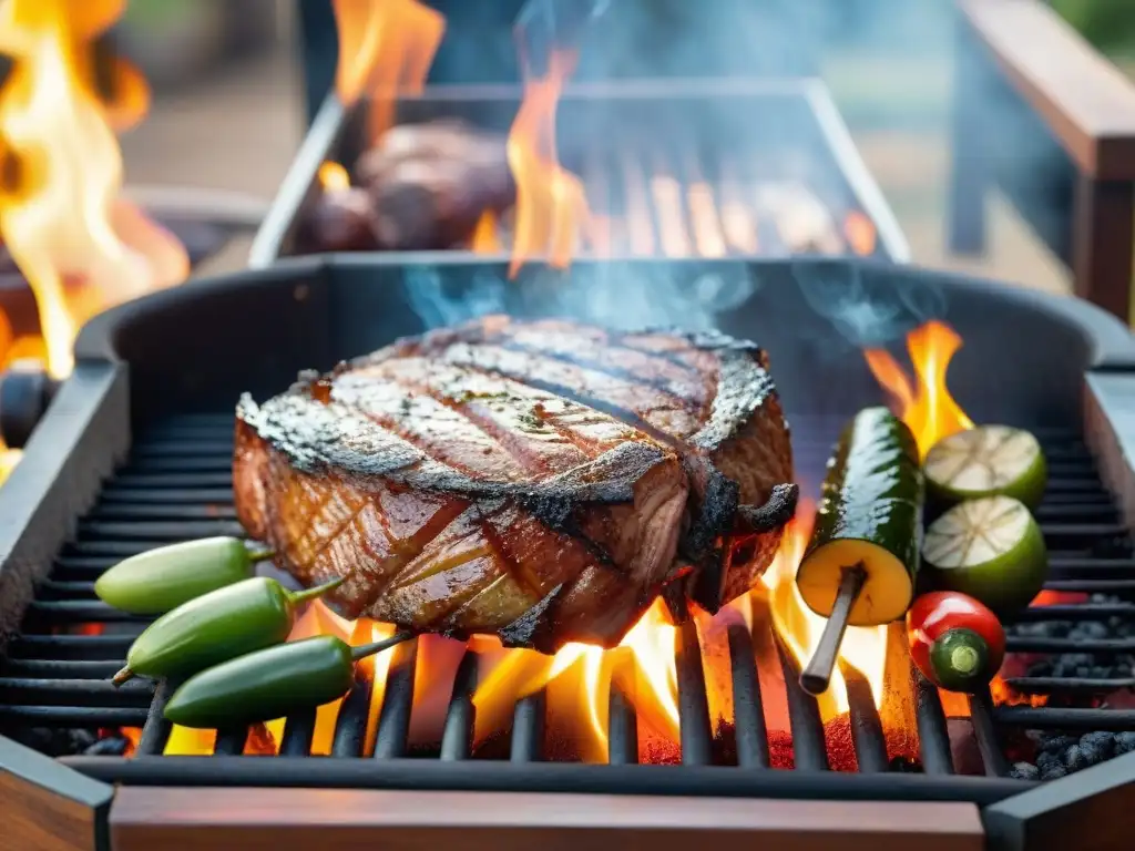 Una parrilla humeante con cortes de carne jugosos y vegetales coloridos, listos para un festín al aire libre