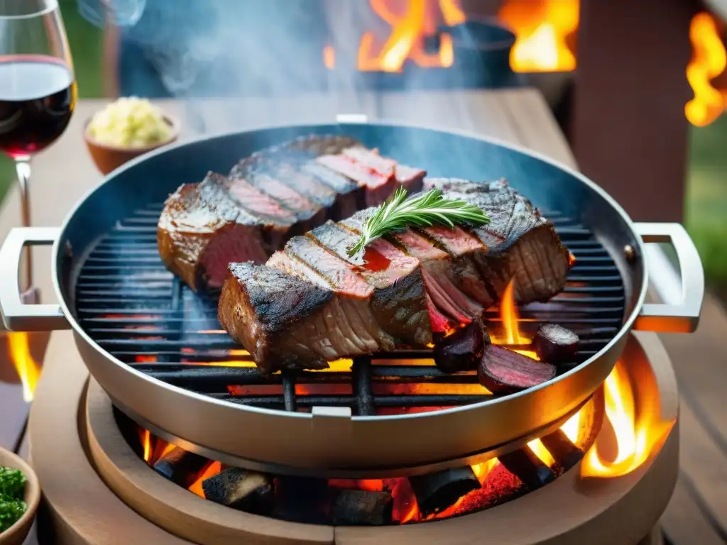 Una parrilla humeante con cortes premium de carne uruguaya, acompañada de chimichurri y vino Tannat al atardecer