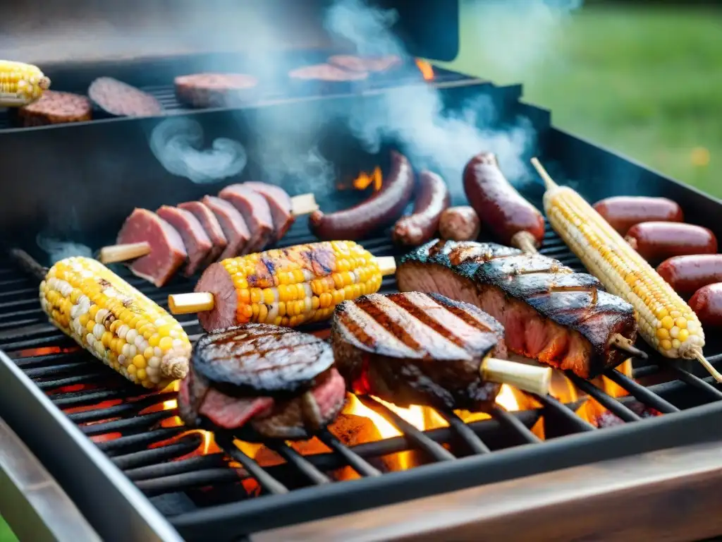 Una parrilla humeante llena de carnes asadas y maíz, en un entorno campestre