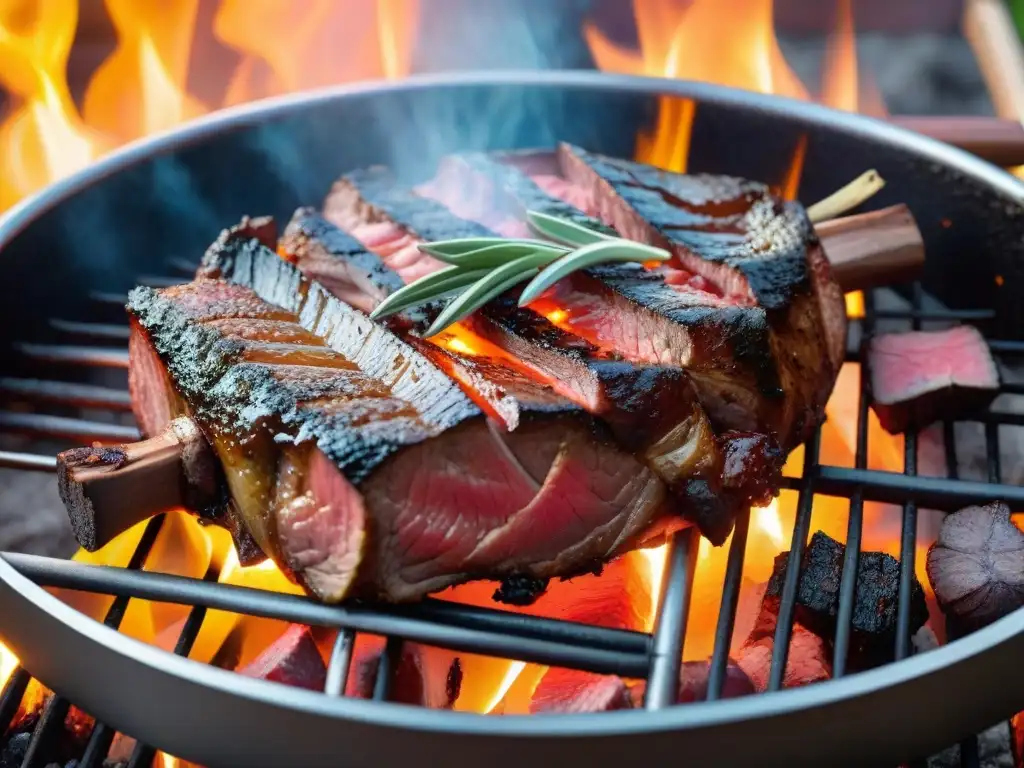 Una parrilla humeante con los mejores cortes asado uruguayo recomendados, jugosos y dorados sobre las llamas