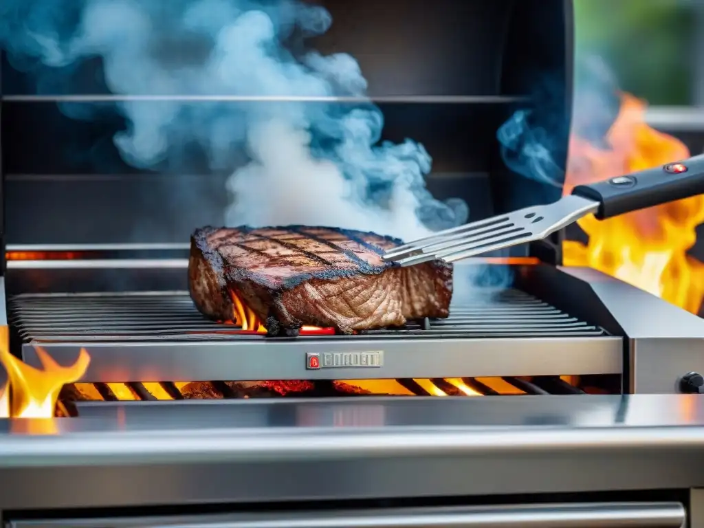 Una parrilla inteligente para asado de alta tecnología, con carne perfectamente sellada y humeante, en una cocina exterior moderna y futurista