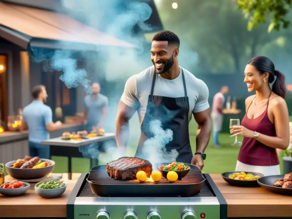 Una parrilla inteligente para asado en una fiesta al aire libre animada al atardecer