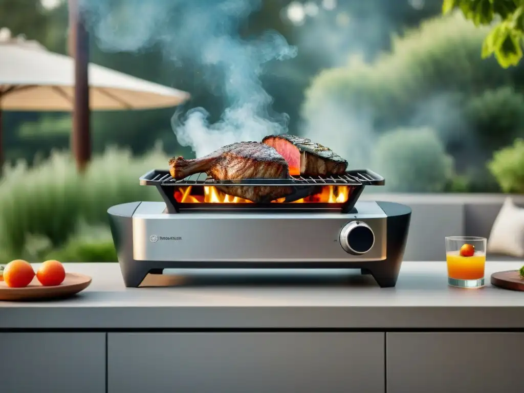 Parrilla inteligente para asado en un patio soleado rodeado de vegetación exuberante