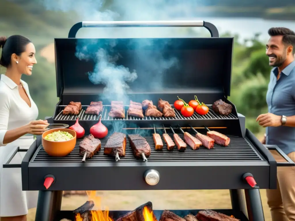 Una parrilla inteligente asado uruguayo: tecnología y tradición se fusionan en una reunión familiar, con amigos disfrutando de un asado