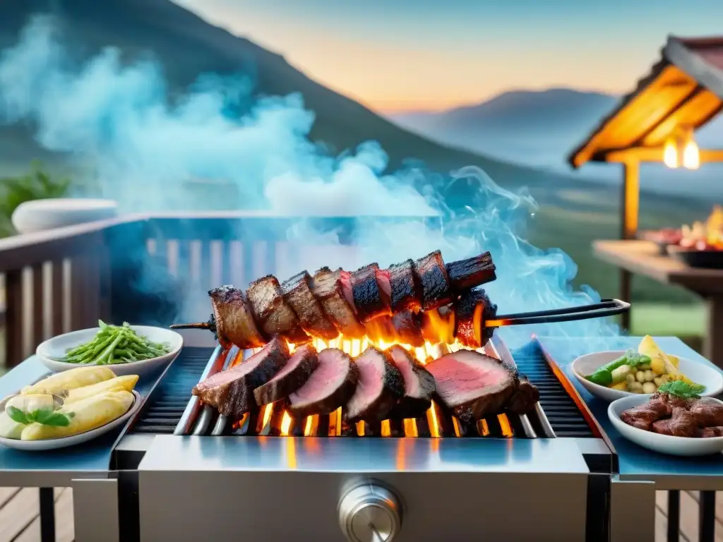 Una parrilla inteligente en un asado uruguayo, fusionando tradición y tecnología en una escena familiar y cálida