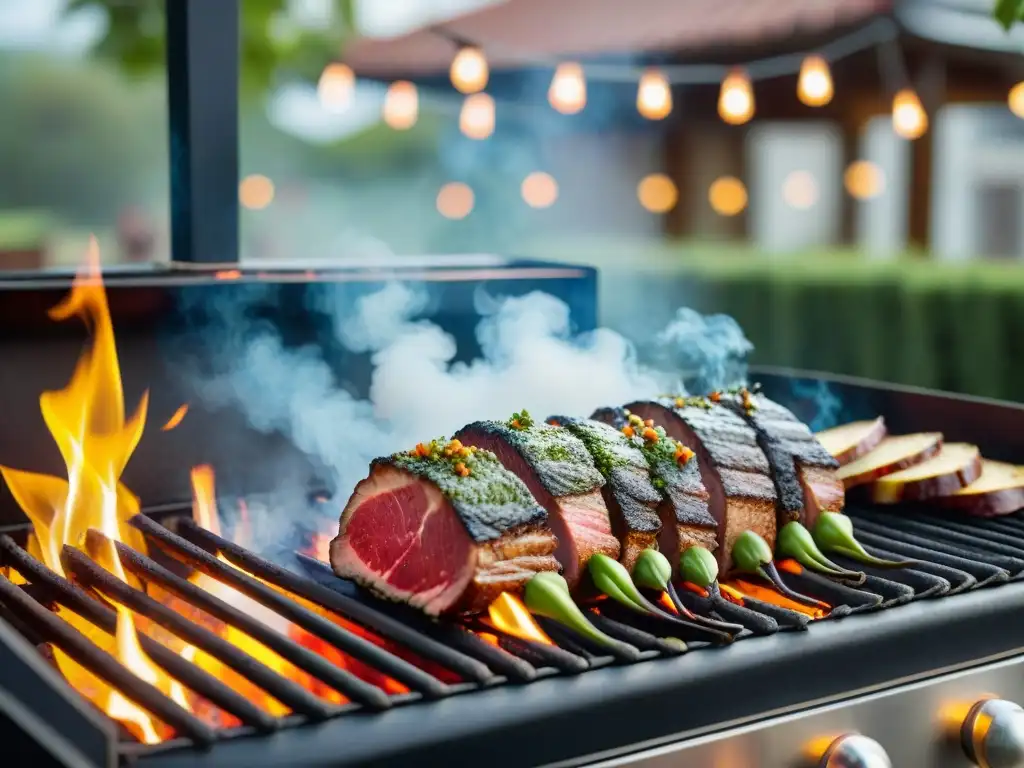 Una parrilla inteligente asado uruguayo con cortes de carne al carbón, chimichurri y vino Tannat en un ambiente acogedor