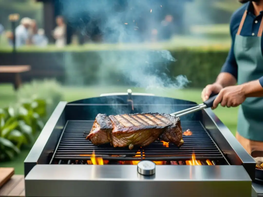 Una parrilla inteligente asando cortes jugosos de asado uruguayo en un entorno natural y acogedor