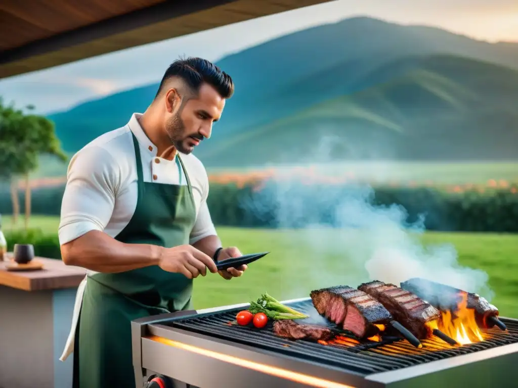 Una parrilla inteligente futurista en un asado uruguayo, fusionando tradición con tecnologías emergentes en parrillas