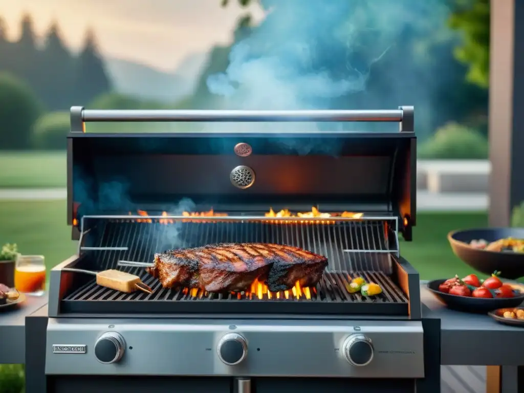 Una parrilla inteligente futurista con tecnologías emergentes en parrillas, rodeada de amigos y familiares disfrutando de una barbacoa perfecta